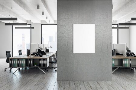 Contemporary coworking interior with banner