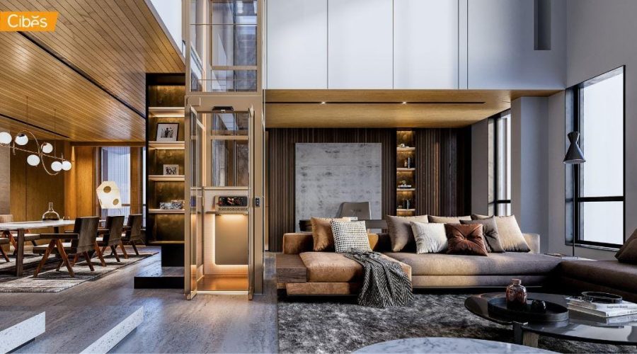 ลิฟท์บ้านขนาดเล็กแบรนด์ Cibes รุ่น Air 2 ติดตั้งในบ้านหรูตรงห้องนั่งเล่น